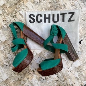SCHUTZ Green and Brown Platform Sandals